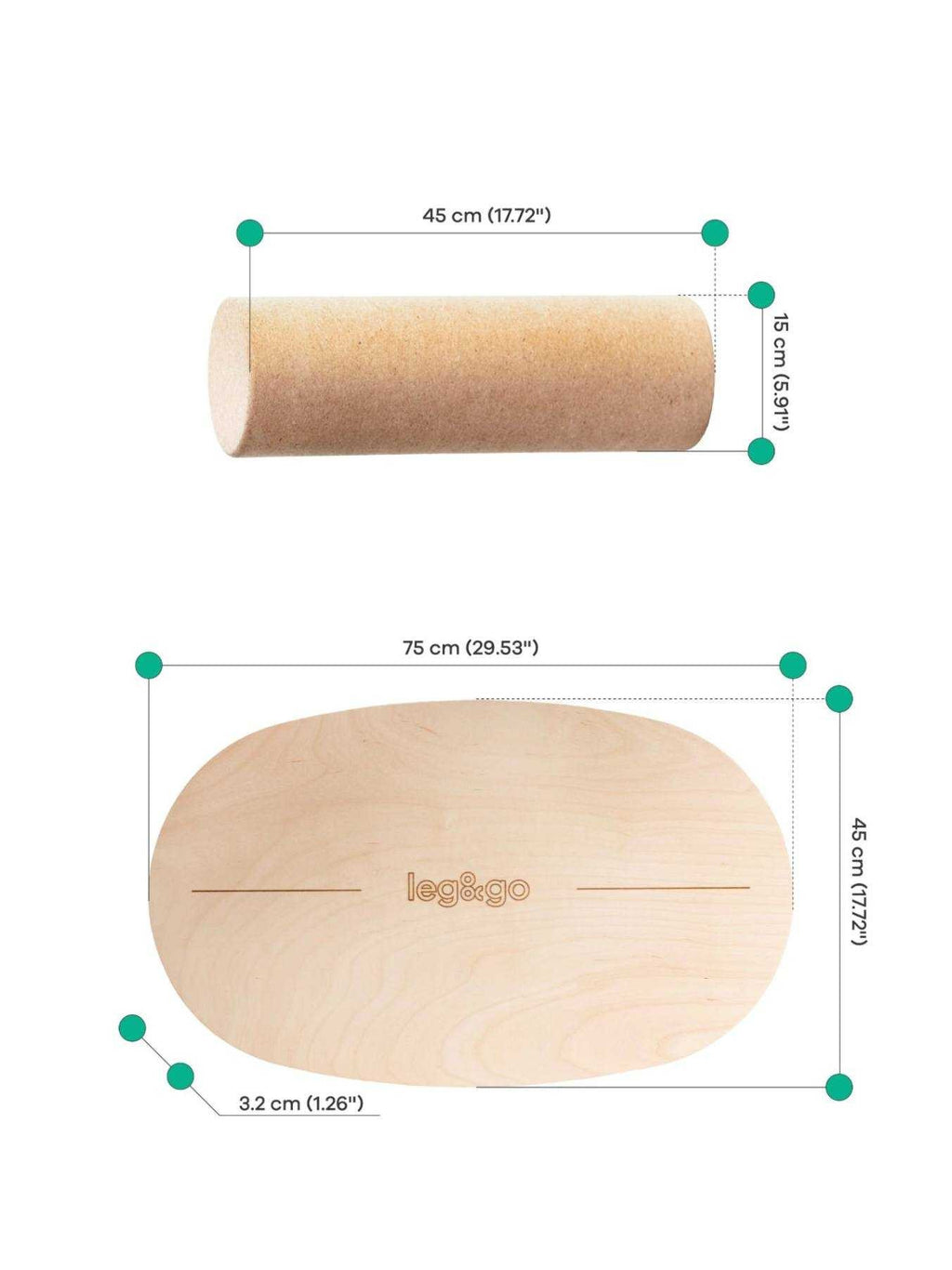 leg&go tasapainolauta ja korkkirulla, soikea 45 x 75 cm, korkkirullan ja laudan mitat esitettynä