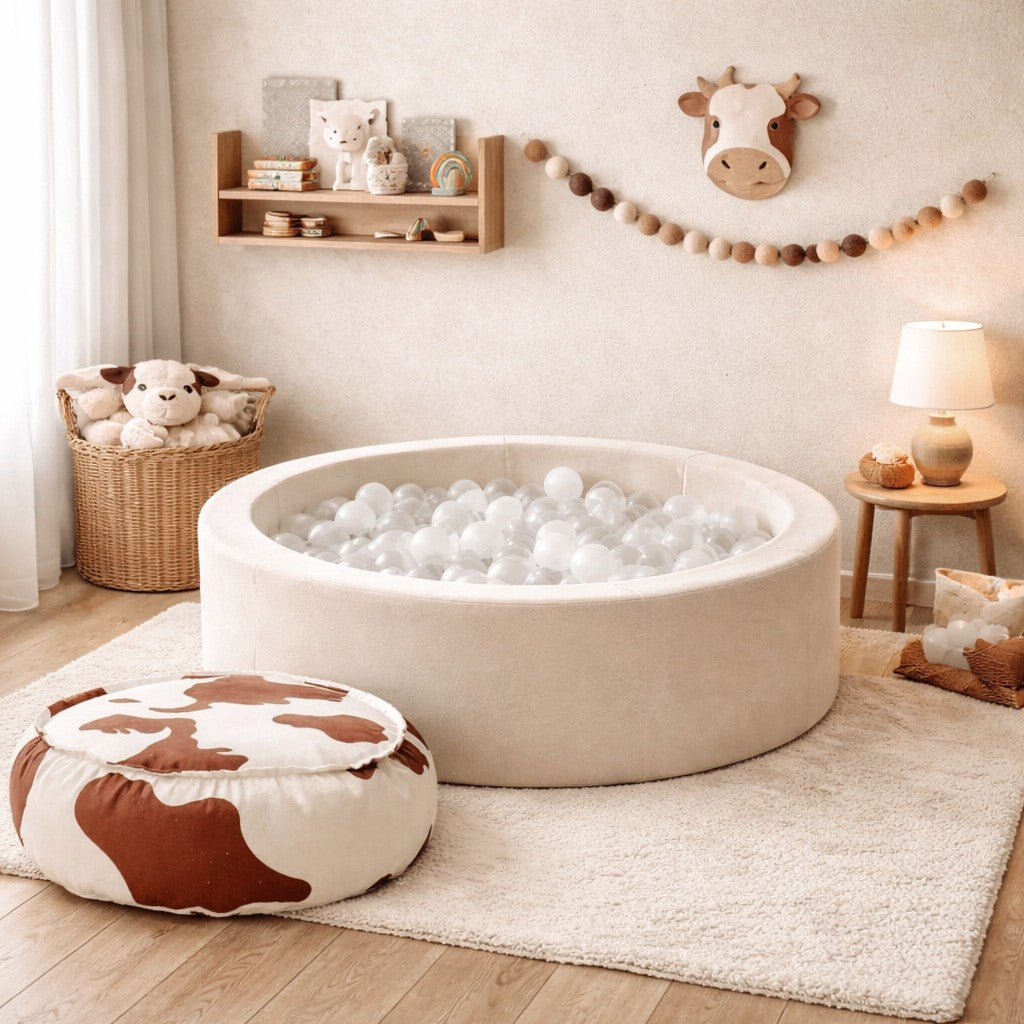 bees&blooms pehmeä pallomeri 90 cm beige, pallomeri lastenhuoneessa rahin vieressä