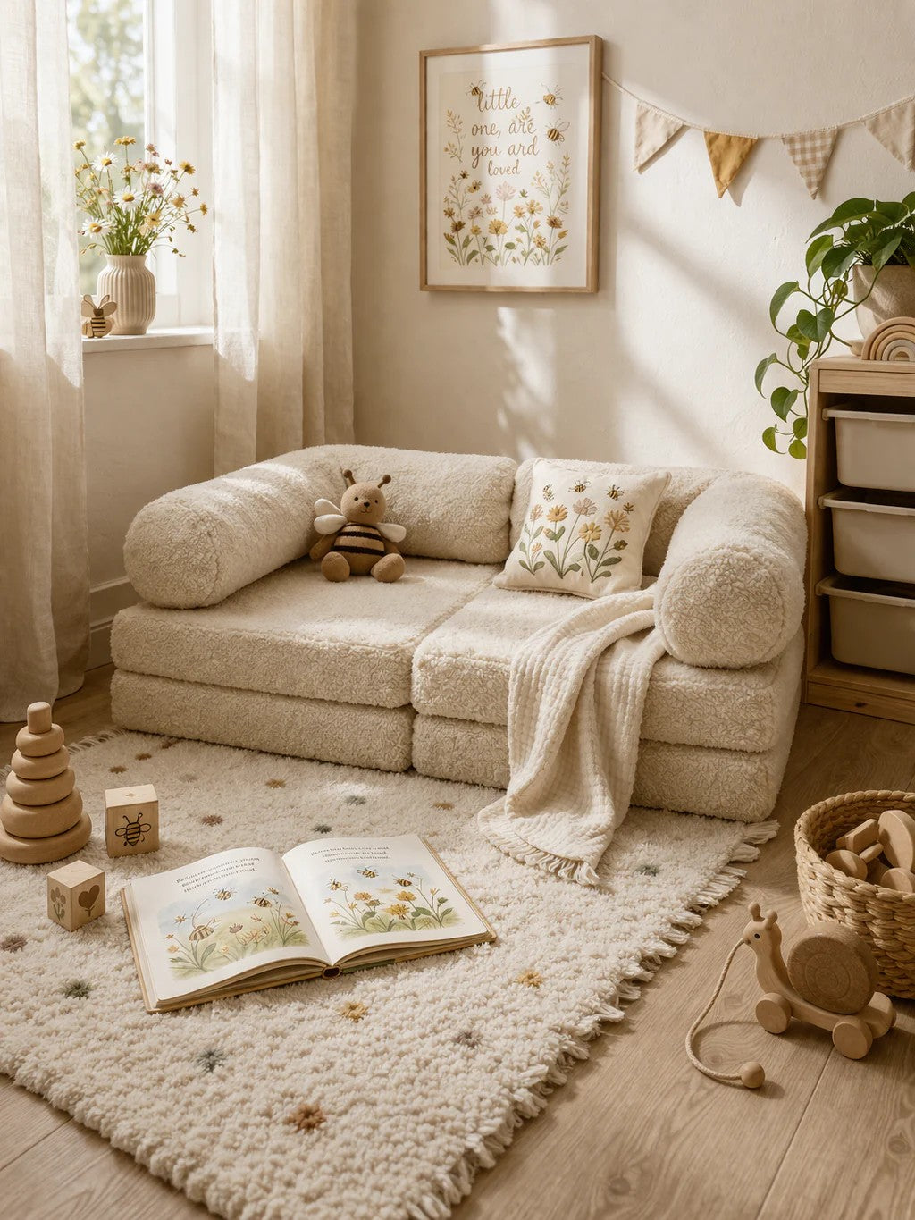 bees&blooms HoneyHug moduulisohva lapselle teddykangas kerma, sohva lastenhuoneessa maton päällä